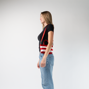 The Candy Cane Petite Tote being worn by a model