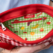 The inside of a Red Gingham Convertible Clutch