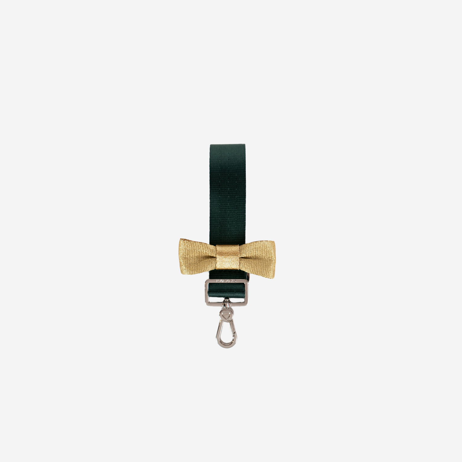 The front of a Forest N Gold Bow Keychain
