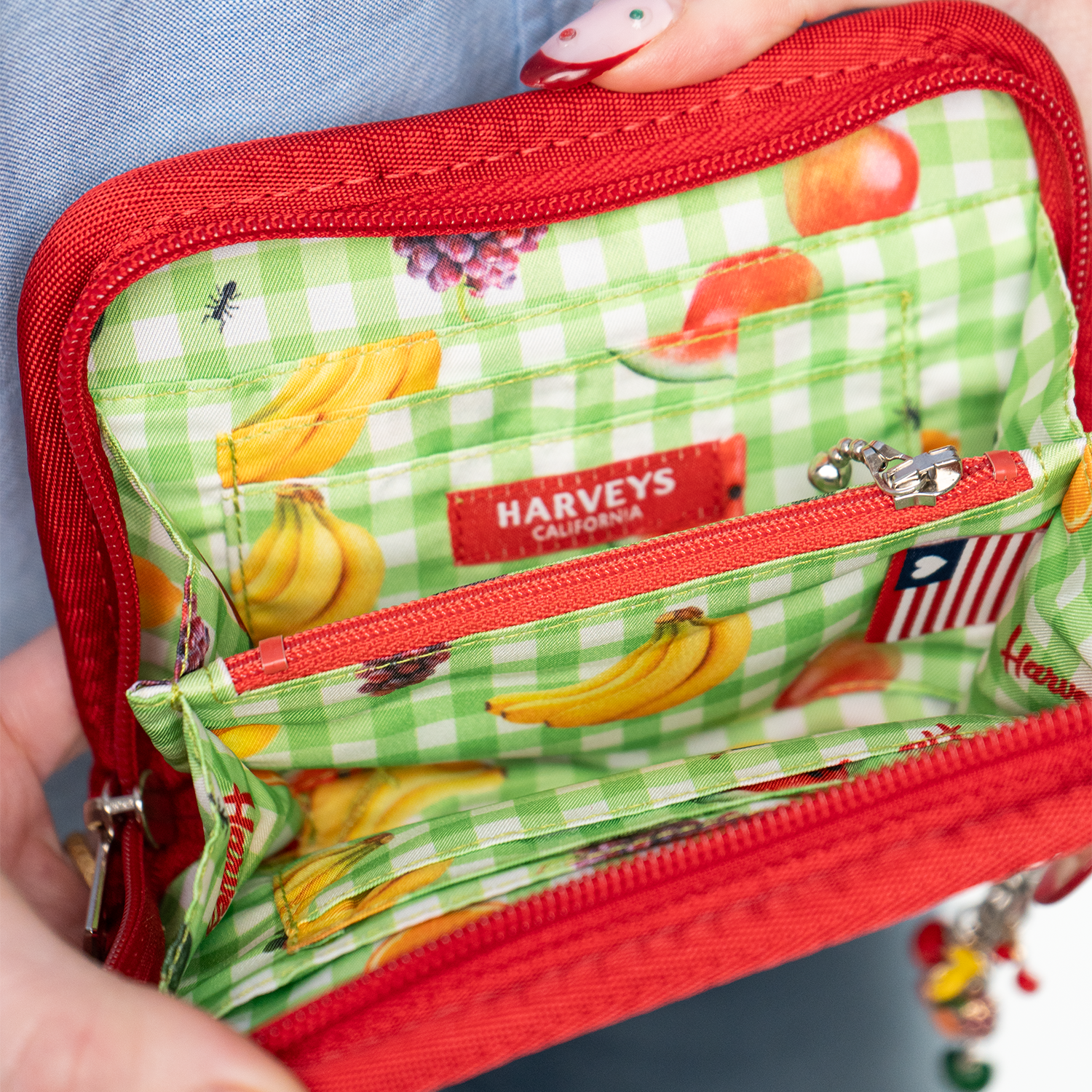 The inside of a Red Gingham Fun Size Wallet