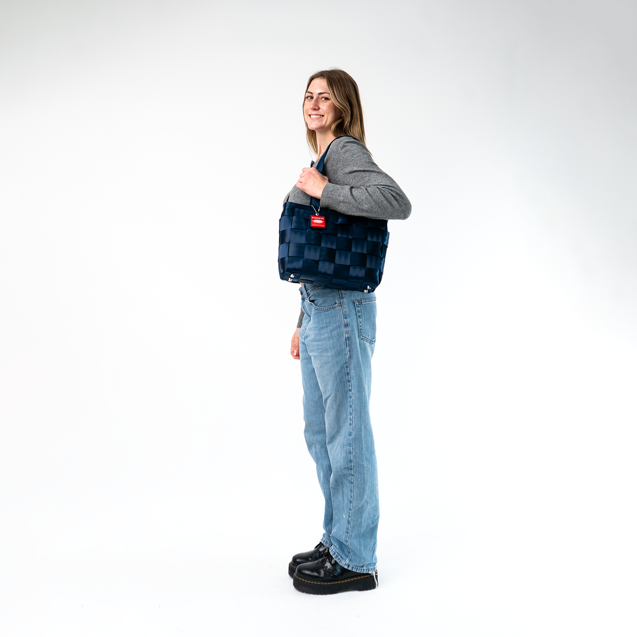 A Large Tote in Indigo being worn by a Model