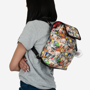 side view of a looney tunes berkeley backpack worn on a model