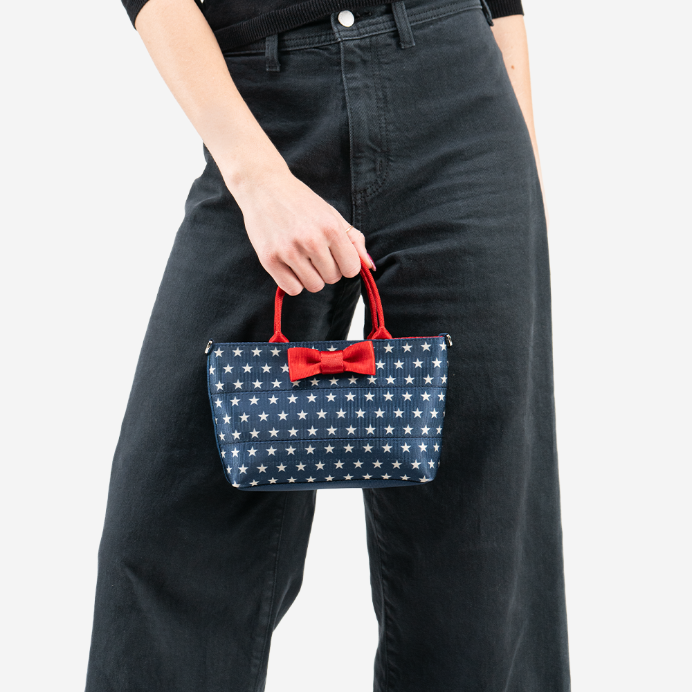 The Scarlet and Stars Petite Tote being held by a model