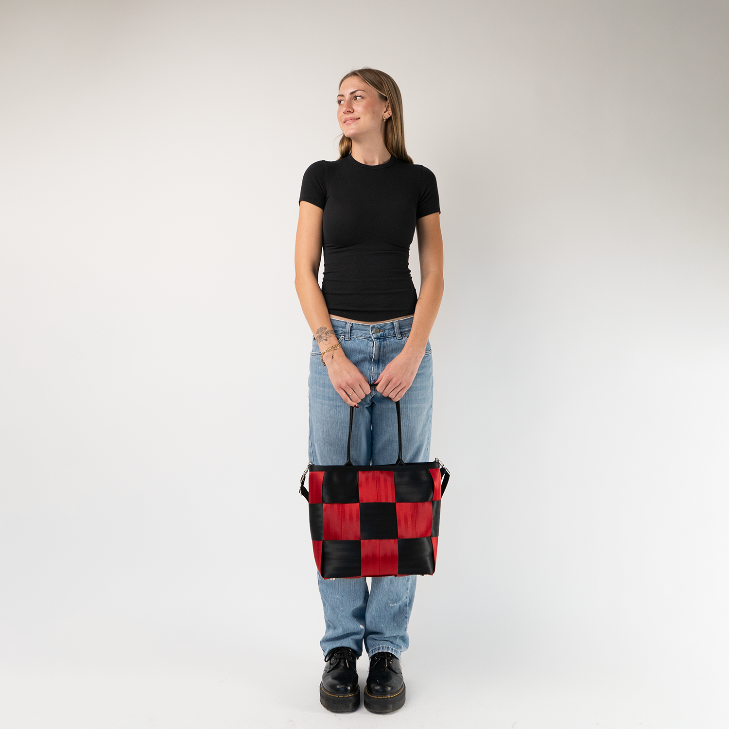 The Queen Of Hearts Medium Audrey Tote being used by a model