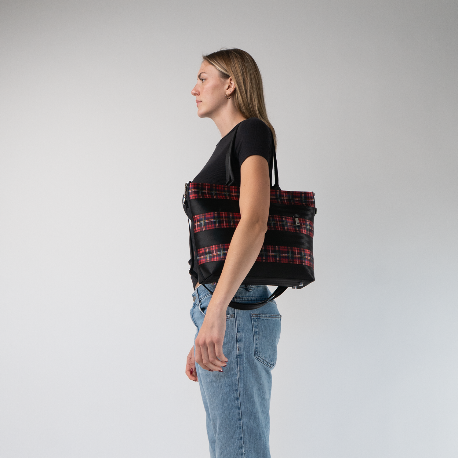 The Tartan Medium Streamline Tote being worn on a models shoulder