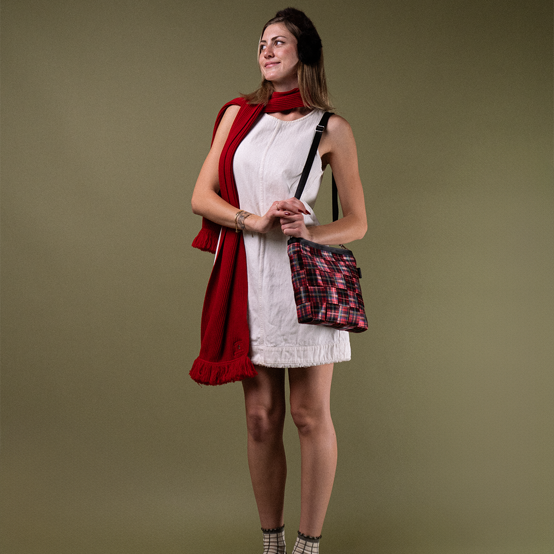 The Tartan Mini Messenger being worn by a model