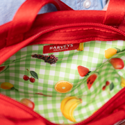 The inside of a Red Gingham Woven Petite Tote