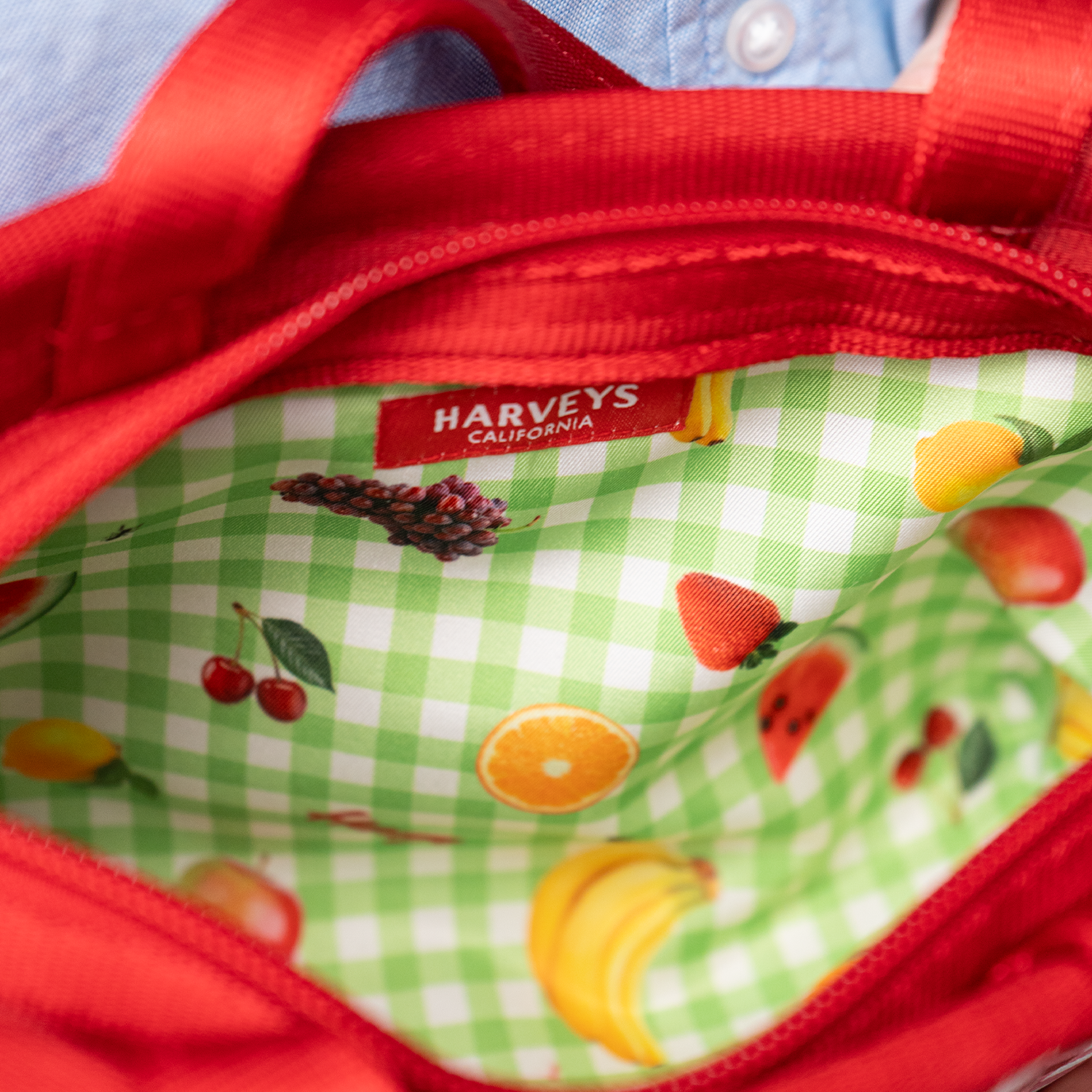 The inside of a Red Gingham Woven Petite Tote